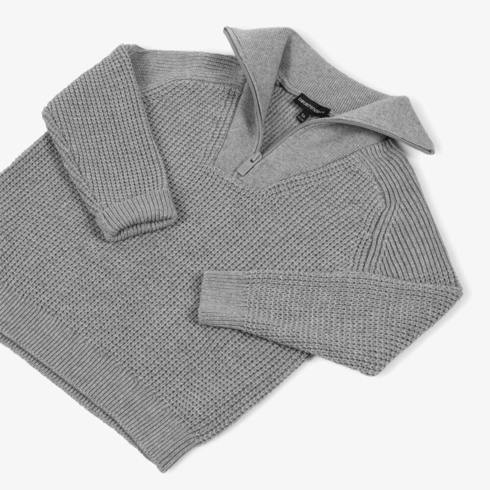 Emporio Armani-Boys Grey Quarter-Zip Knitted Cotton & Wool Sweater | Childrensalon Outlet
