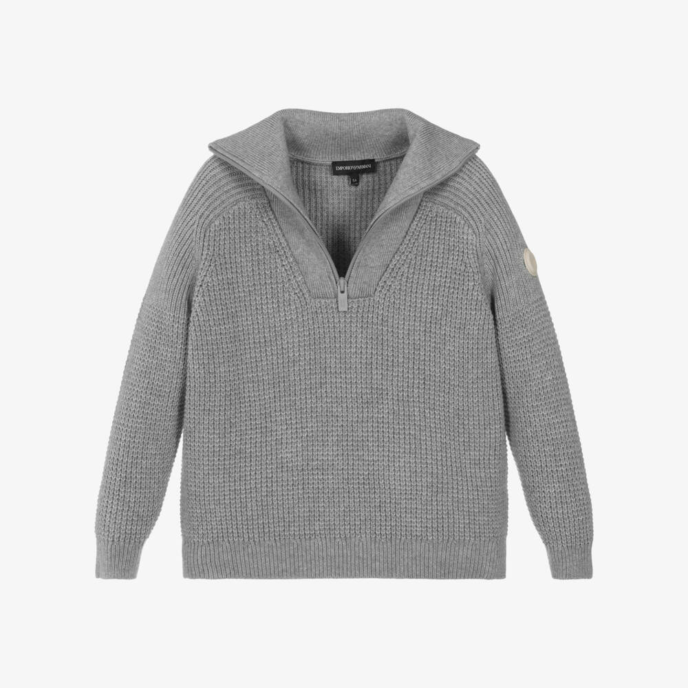 Emporio Armani-Boys Grey Quarter-Zip Knitted Cotton & Wool Sweater | Childrensalon Outlet