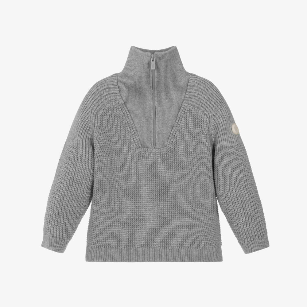 Emporio Armani-Boys Grey Quarter-Zip Knitted Cotton & Wool Sweater | Childrensalon Outlet