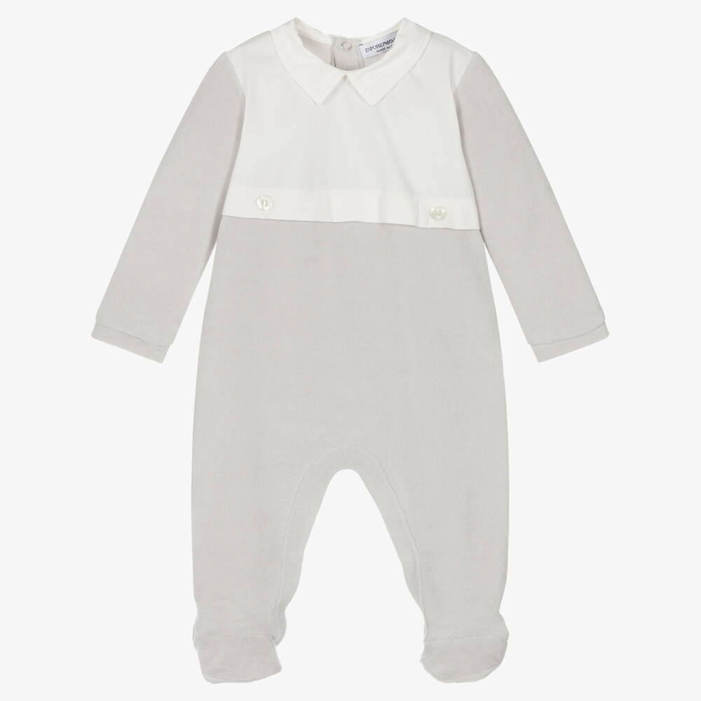 Emporio Armani - Boys Grey Velour Babygrow | Childrensalon