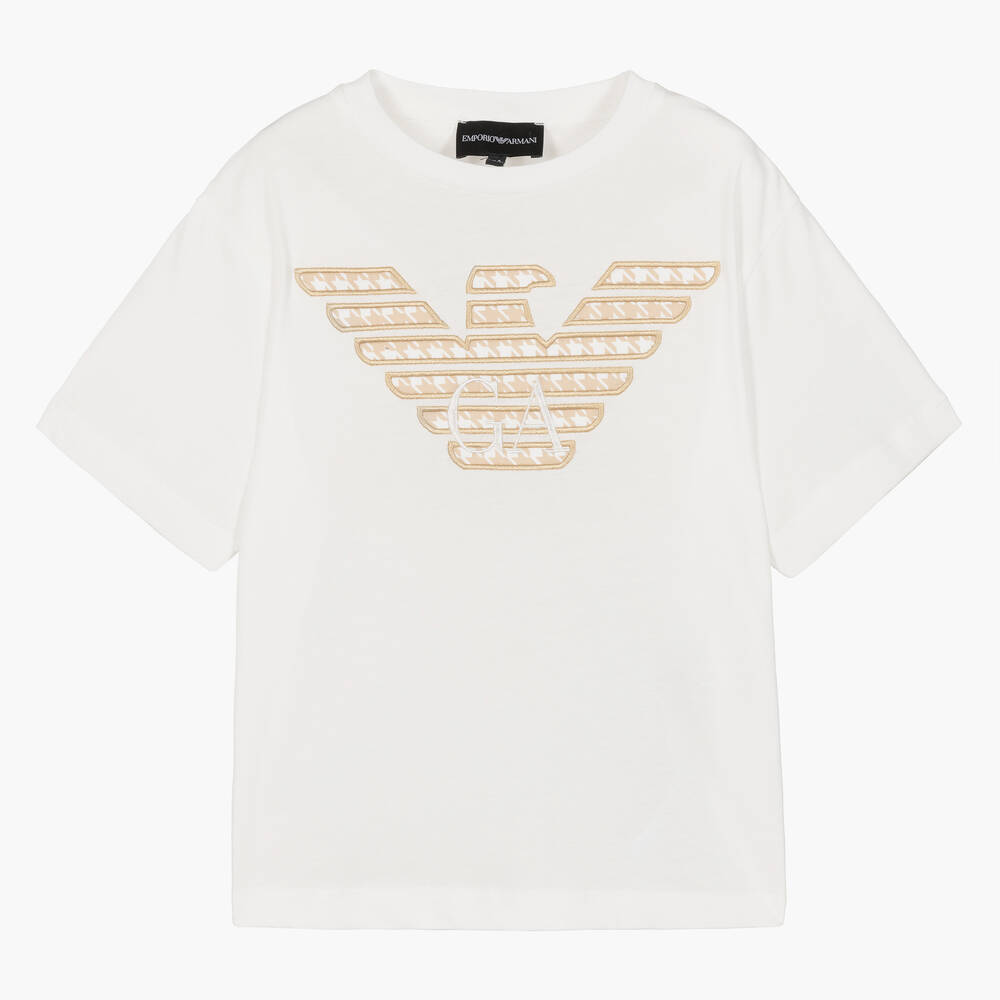 Emporio Armani - Boys Ivory & Beige Eagle Logo T-Shirt | Childrensalon
