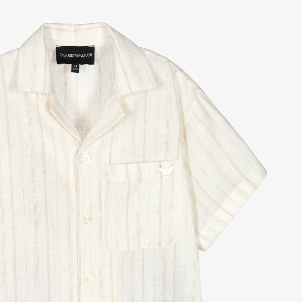 Emporio Armani-Boys Ivory & Beige Stripe Cotton Shirt | Childrensalon Outlet