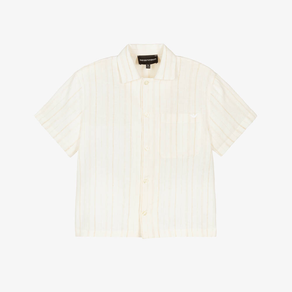 Emporio Armani-Boys Ivory & Beige Stripe Cotton Shirt | Childrensalon Outlet