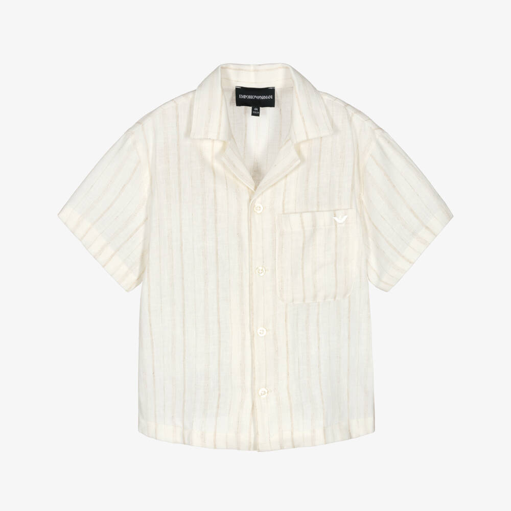 Emporio Armani-Boys Ivory & Beige Stripe Cotton Shirt | Childrensalon Outlet