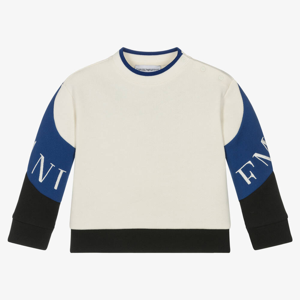 Emporio Armani - Sweat-shirt ivoire et bleu en coton | Childrensalon