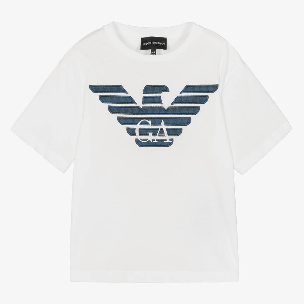 Emporio Armani - Boys Ivory & Blue Eagle Logo T-Shirt | Childrensalon