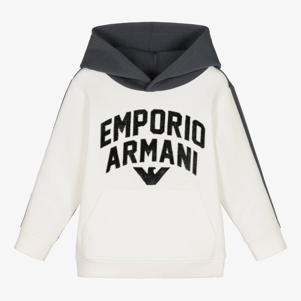 Emporio Armani - توب هودي قطن جيرسي لون أزرق وعاجي للأولاد | Childrensalon