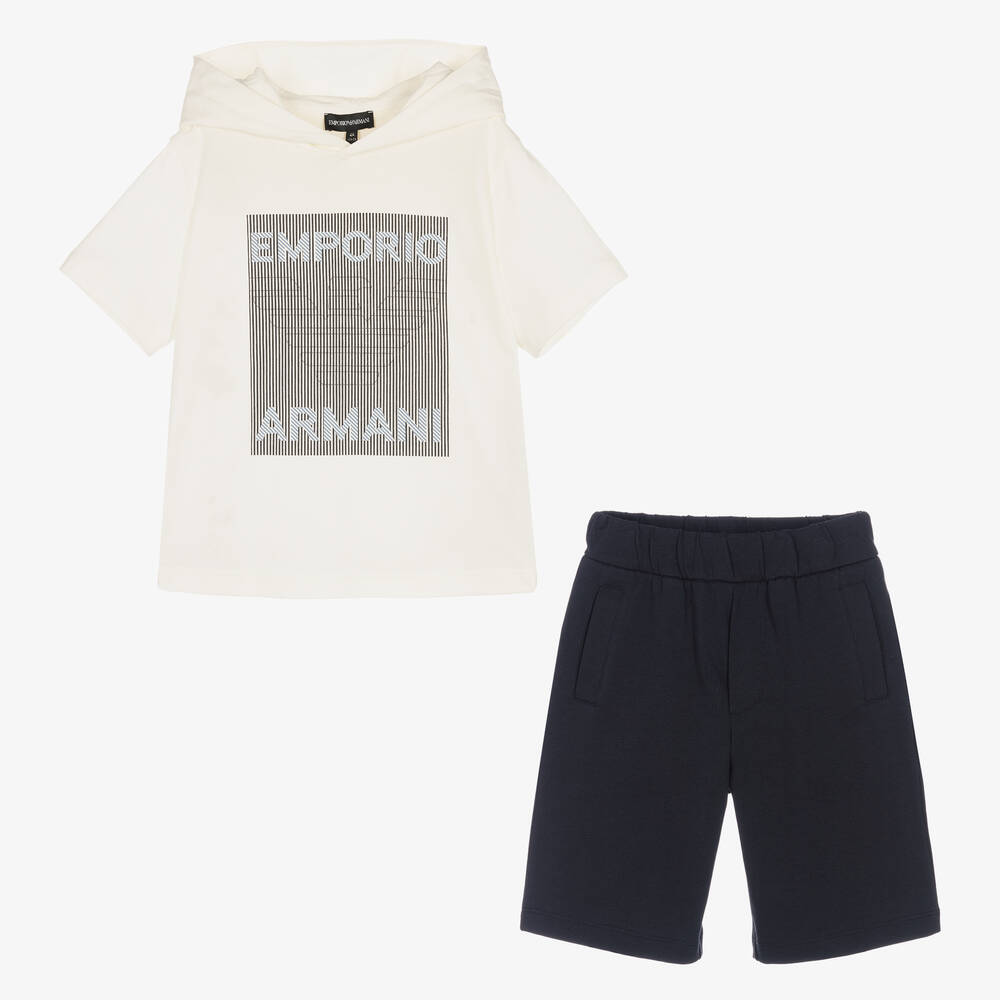 Emporio Armani-طقم شورت قطن لون عاجي وكحلي للأولاد | Childrensalon Outlet