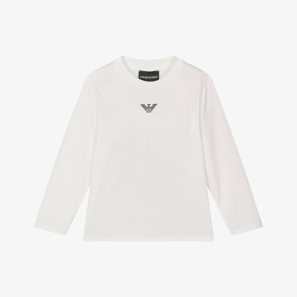 Emporio Armani-Boys Ivory Cotton Crew Neck Eagle Logo Top | Childrensalon Outlet