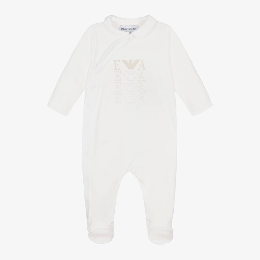 Emporio Armani-Boys Ivory Cotton Logo Sleepsuit | Childrensalon Outlet