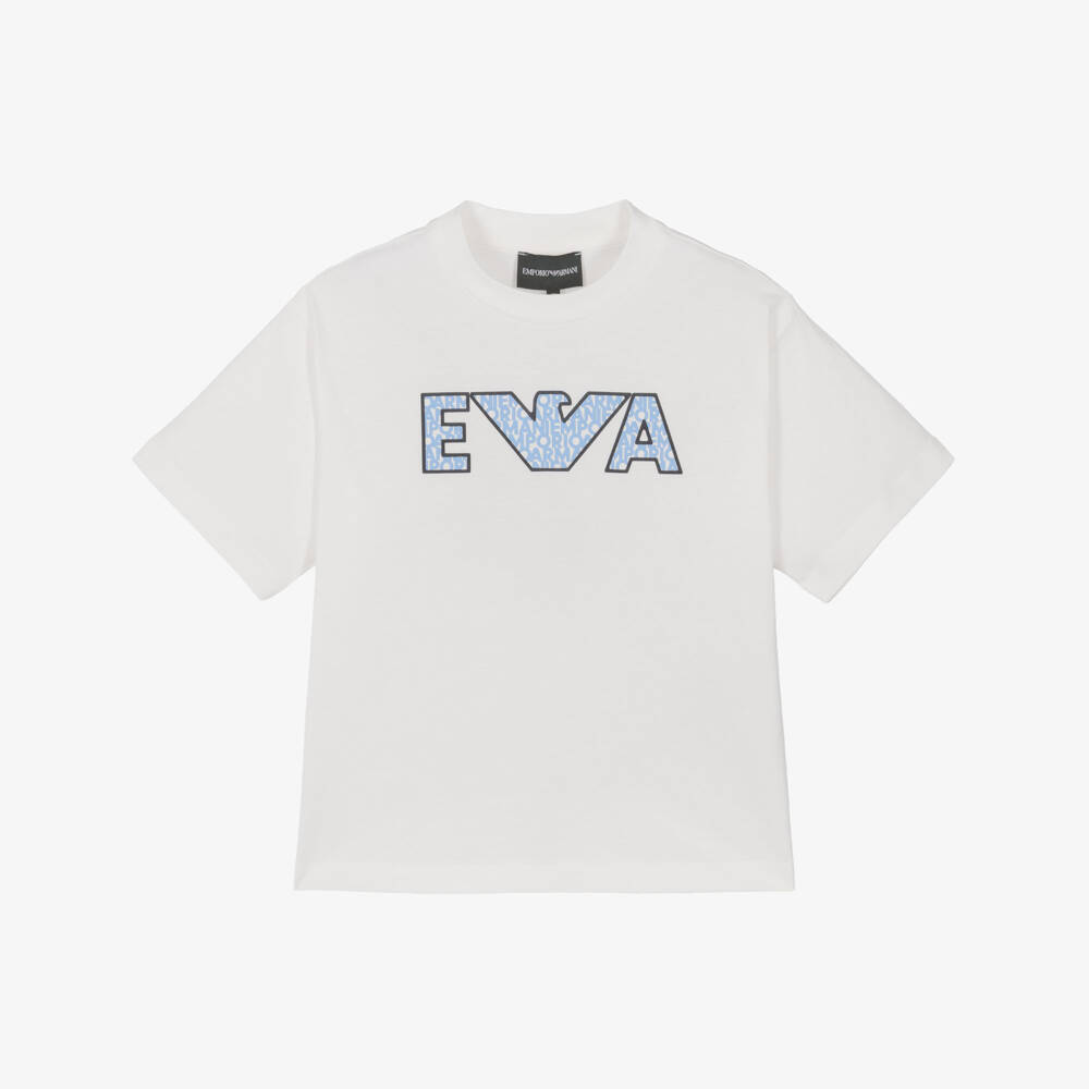 Emporio Armani-Boys Ivory Cotton T-Shirt with Black & Blue Logo | Childrensalon Outlet