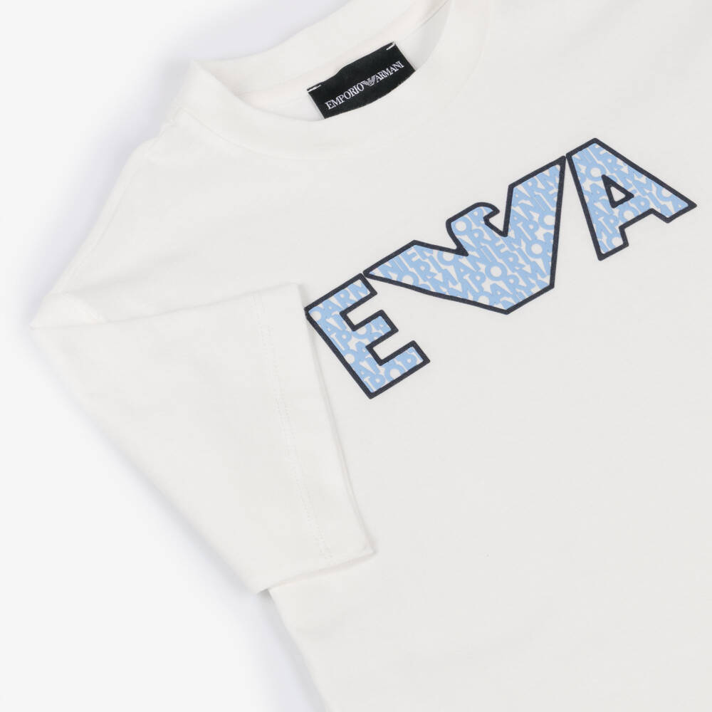 Emporio Armani-Boys Ivory Cotton T-Shirt with Black & Blue Logo | Childrensalon Outlet