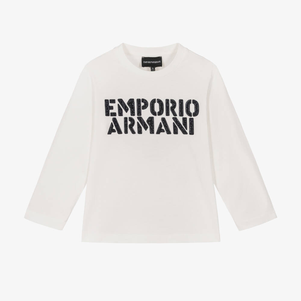 Emporio Armani-Boys Ivory Cotton Top with Stencil Logo | Childrensalon Outlet