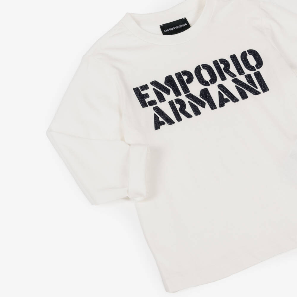 Emporio Armani-Boys Ivory Cotton Top with Stencil Logo | Childrensalon Outlet