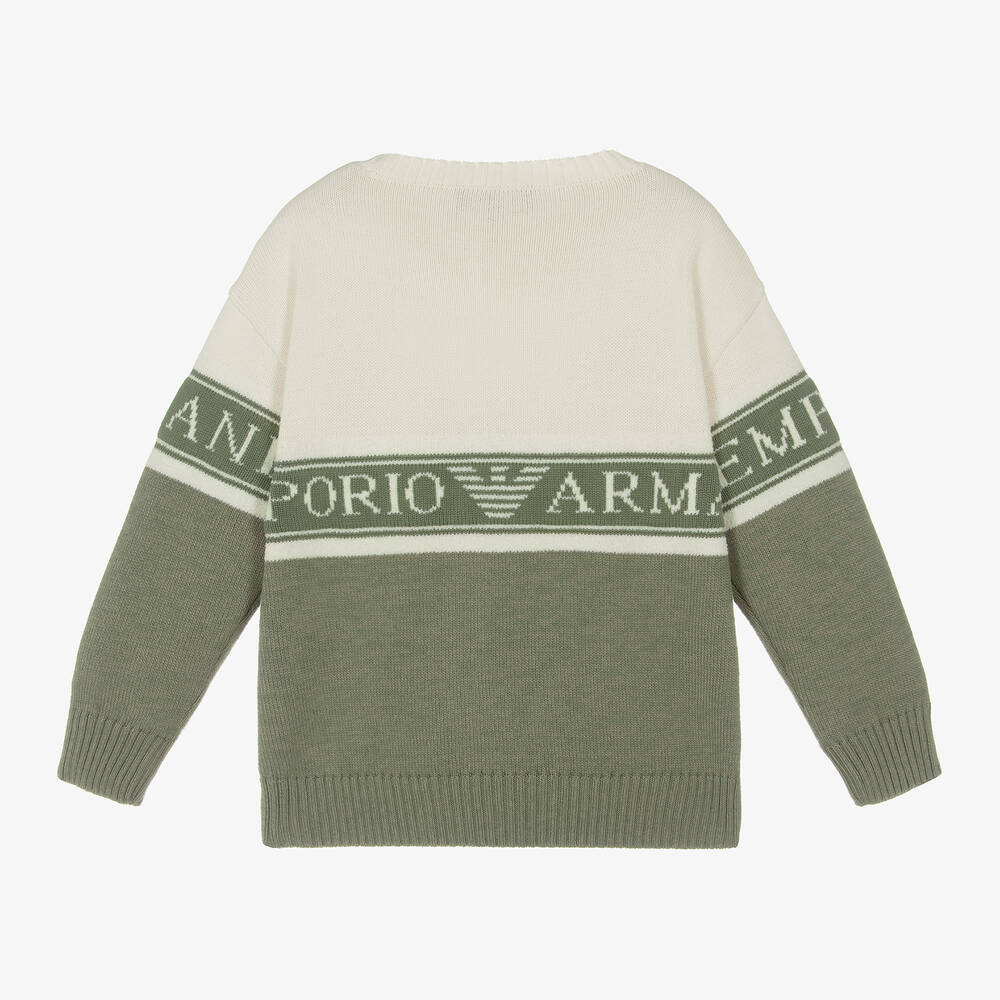Emporio Armani Boys Ivory Green Cotton Knit Jumper