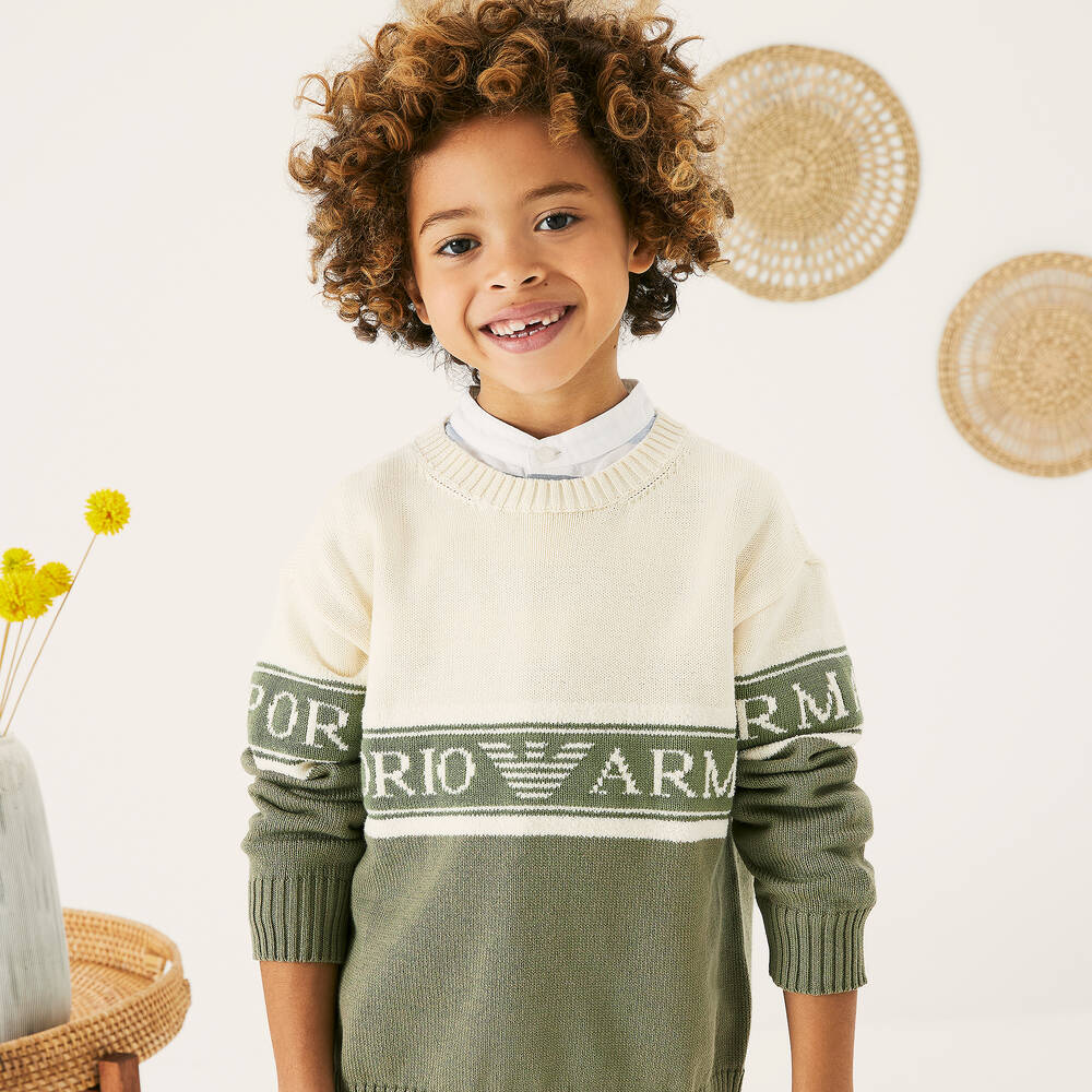 Emporio Armani Boys Ivory Green Cotton Knit Jumper