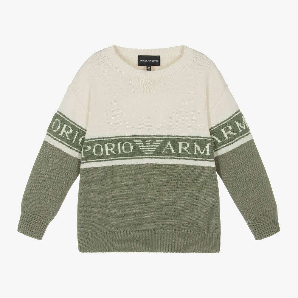 Boys Ivory Green Cotton Knit Jumper