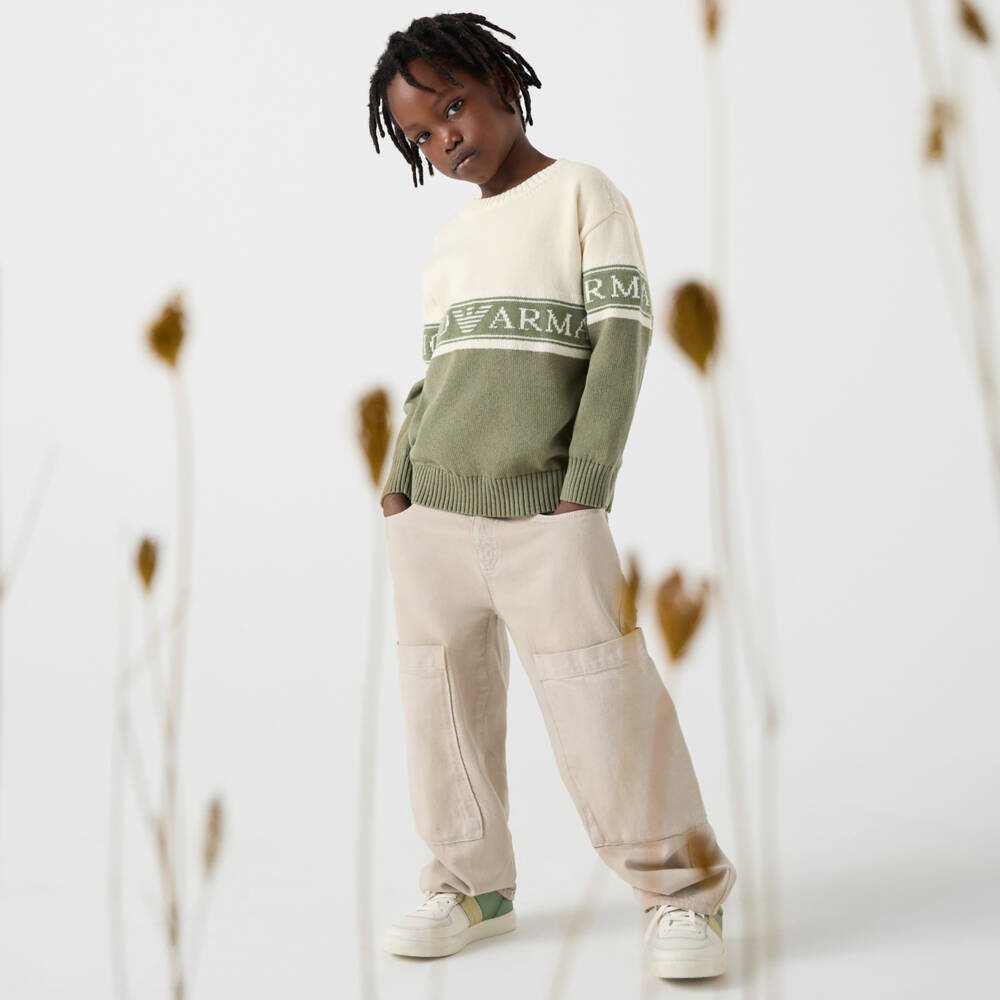 إEmporio Armani-بلوفر قطن محبوك لون أخضر كاكي وعاجي للأولاد | Childrensalon Outlet
