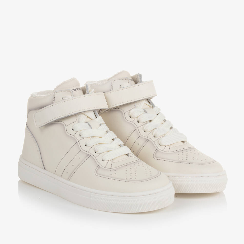 Emporio Armani - Boys Ivory Leather High-Top Trainers | Childrensalon