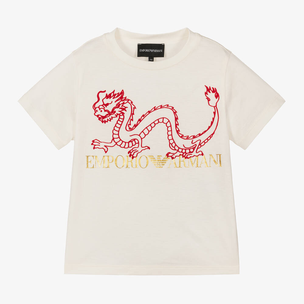 Emporio Armani-Кремовая  футболка Dragon из лиоцелла и хлопка для мальчиков | Childrensalon Outlet