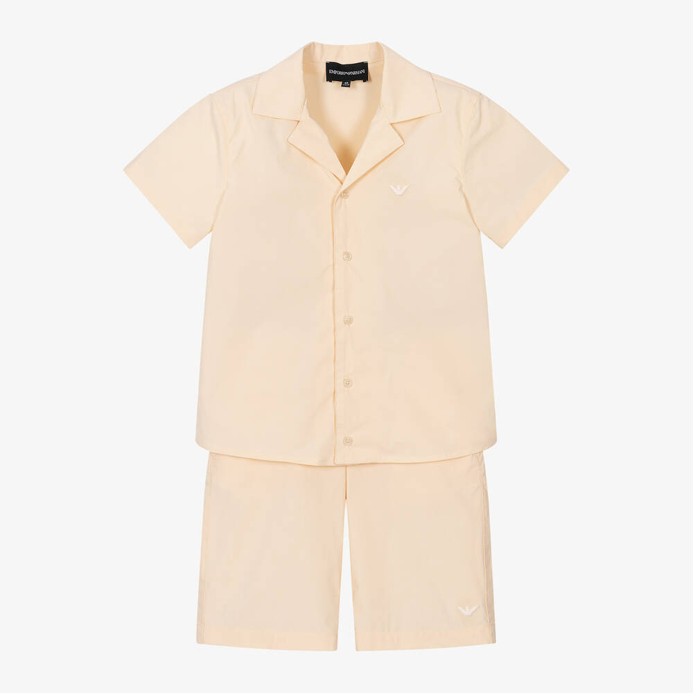 Emporio Armani-طقم شورت وقميص مزيج قطن لون عاجي للأولاد | Childrensalon Outlet