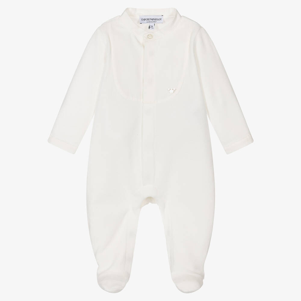 Emporio Armani - Boys Ivory Velour Babygrow | Childrensalon