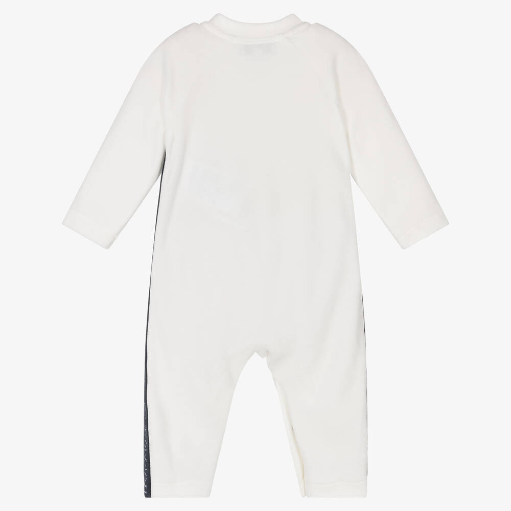 Emporio Armani-Boys Ivory Velour Logo Babygrow | Childrensalon Outlet