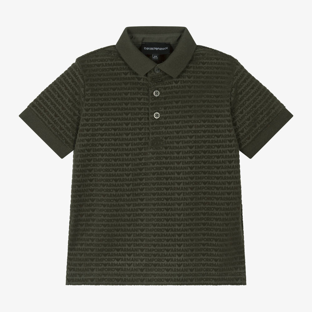 Emporio Armani-Boys Khaki Green Logo Pattern Polo Shirt | Childrensalon Outlet
