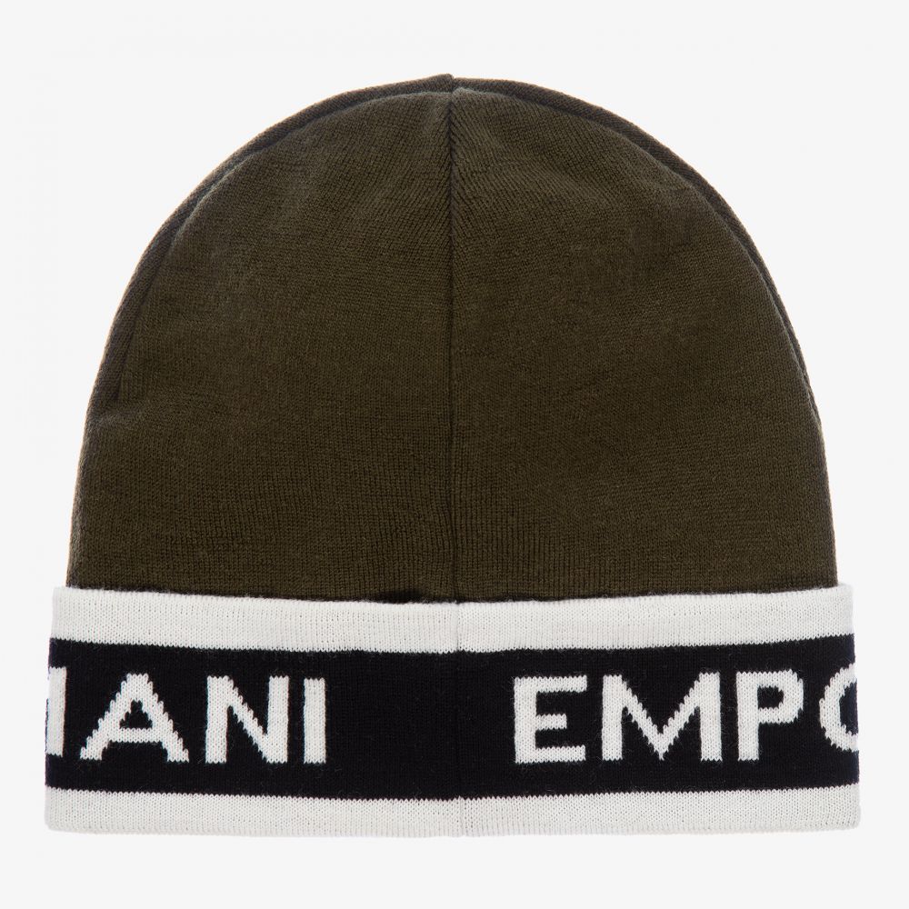 Emporio Armani-Boys Khaki Green Wool Logo Hat | Childrensalon Outlet