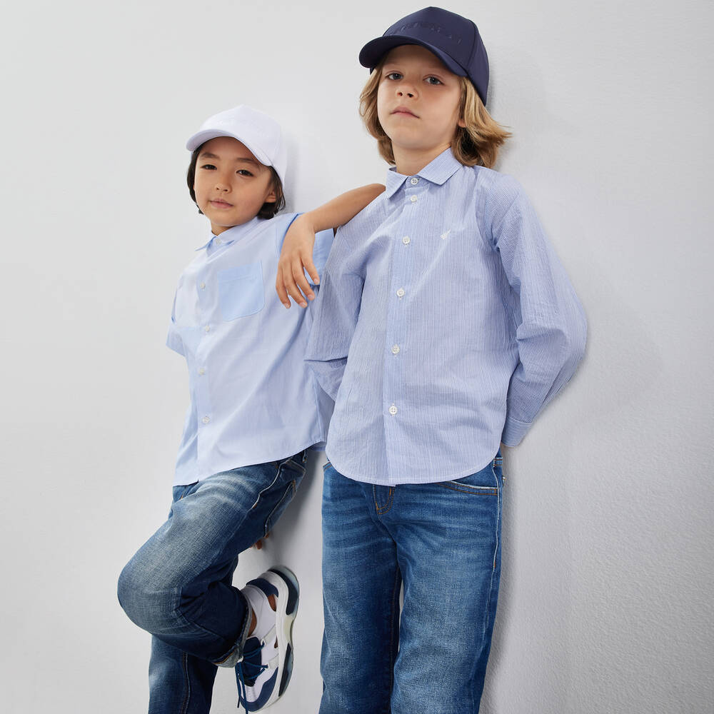 Emporio Armani-Boys Light Blue Cotton Patch Shirt | Childrensalon Outlet