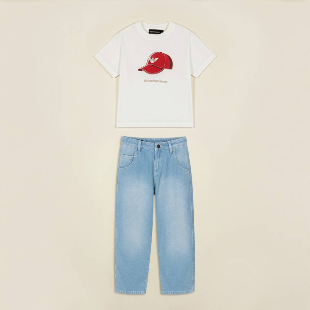 Emporio Armani-Boys Light Blue Denim Jeans with Eagle Logo Badge | Childrensalon Outlet