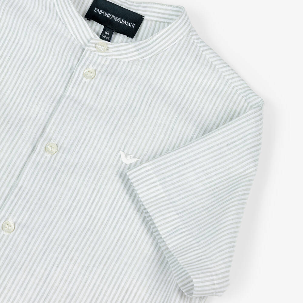 Emporio Armani-Boys Light Green & White Stripe Short Sleeved Shirt | Childrensalon Outlet