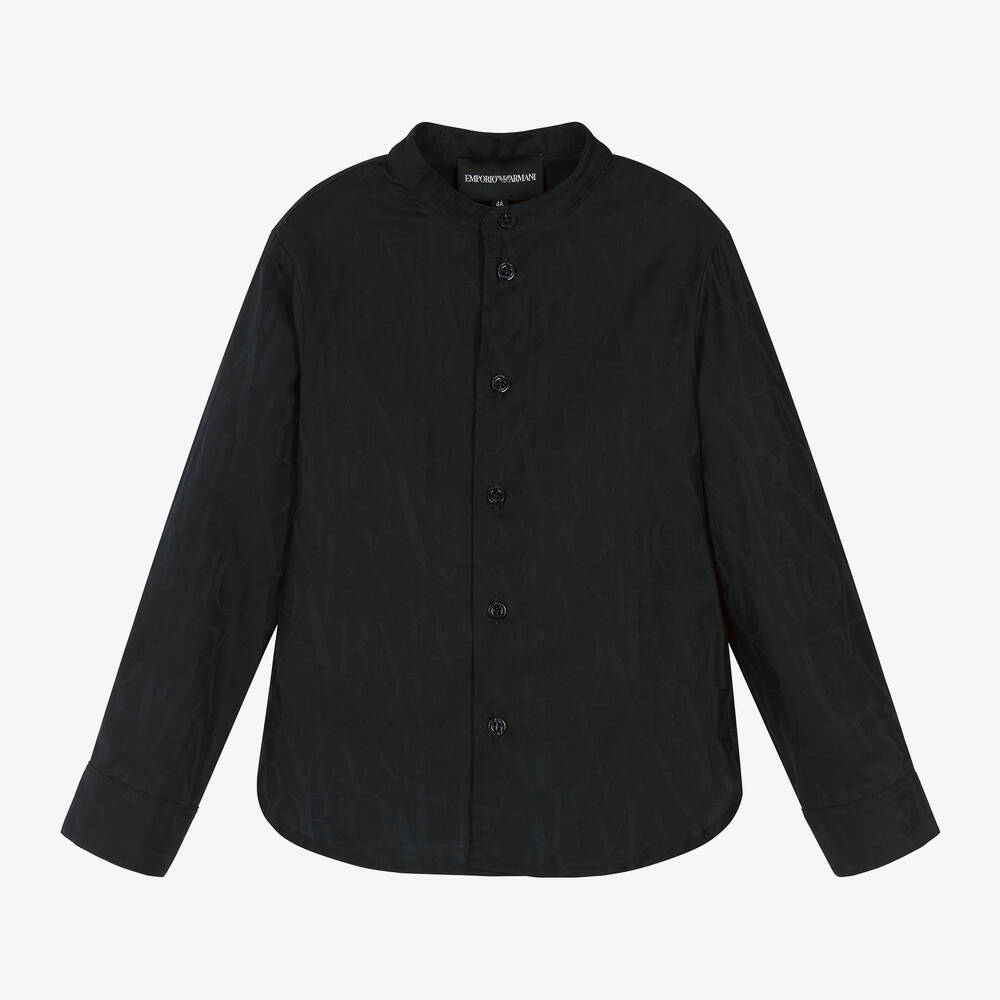 Emporio Armani-Boys Navy Blue Cotton Jacquard Shirt | Childrensalon Outlet