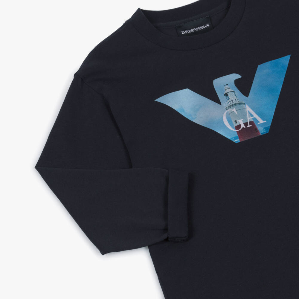 Emporio Armani-Футболка синий хлопковая с маяком для мальчиков | Childrensalon Outlet