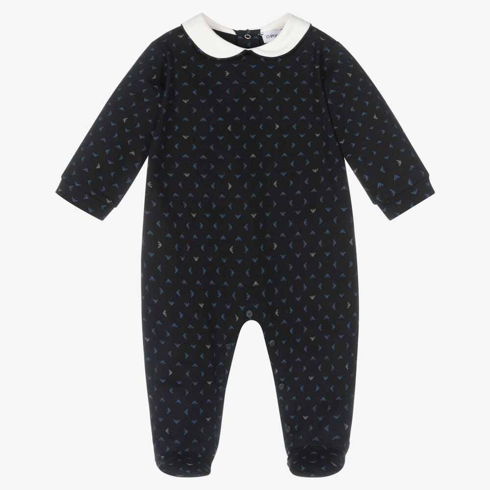 Emporio Armani - Boys Navy Blue Cotton Logo Babygrow | Childrensalon