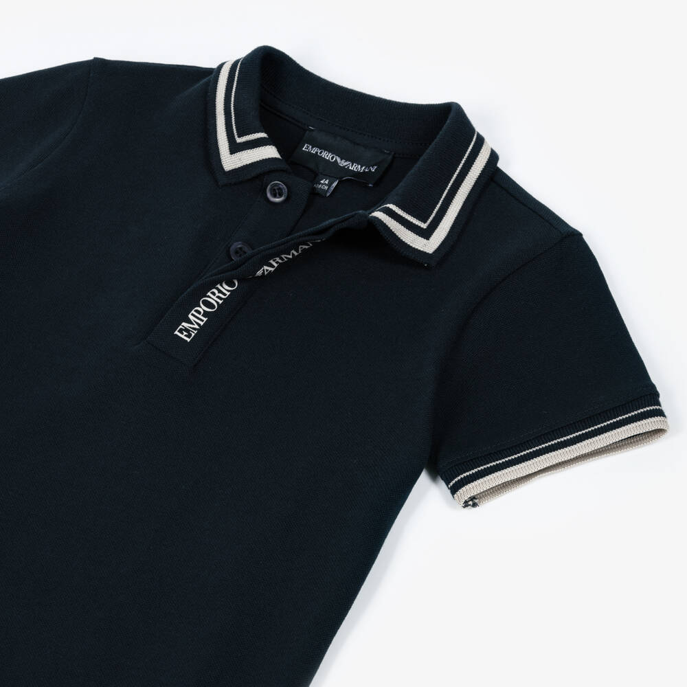 Emporio Armani-Boys Navy Blue Cotton Polo Shirt with Beige Logo Placket | Childrensalon Outlet