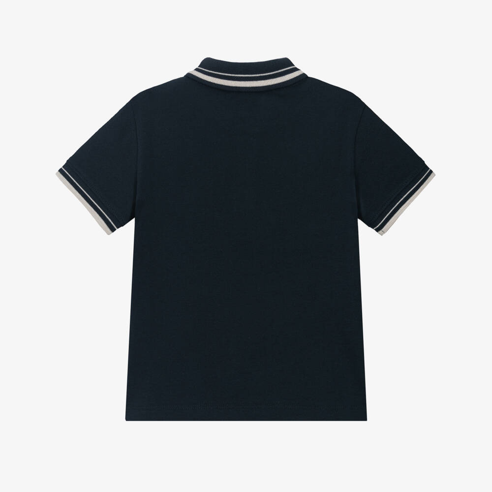 Emporio Armani-Boys Navy Blue Cotton Polo Shirt with Beige Logo Placket | Childrensalon Outlet