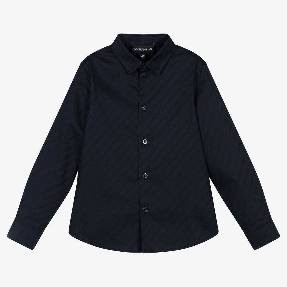 Emporio Armani - Boys Navy Blue Cotton Stripe Shirt | Childrensalon