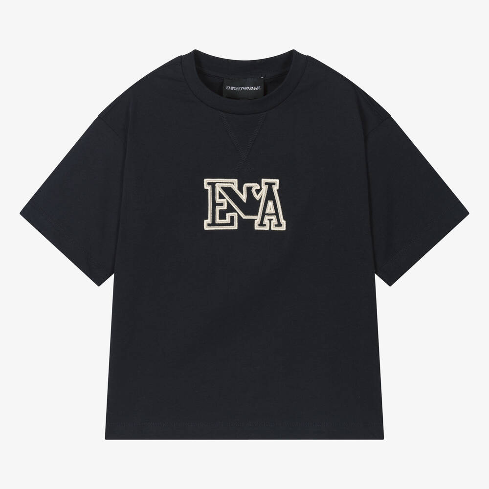 Emporio Armani-Boys Navy Blue Embroidered Cotton T-Shirt | Childrensalon Outlet
