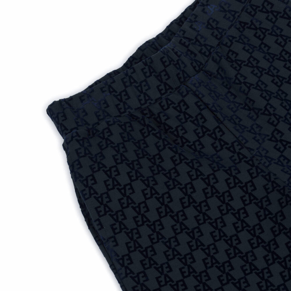 Emporio Armani-Boys Navy Blue Flocked EA Logo Shorts | Childrensalon Outlet