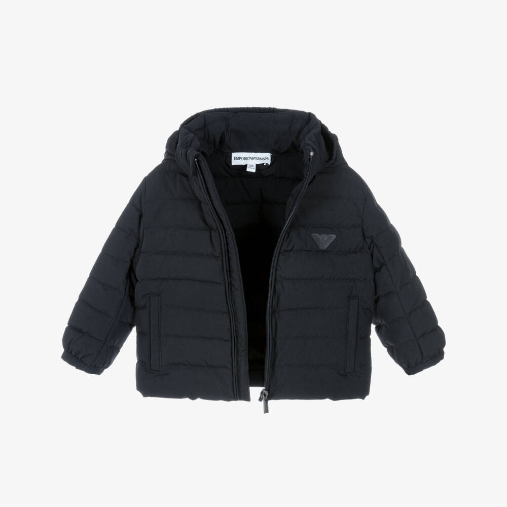 Emporio Armani-Boys Navy Blue Hooded Down Puffer Jacket with Eagle Logo | Childrensalon Outlet