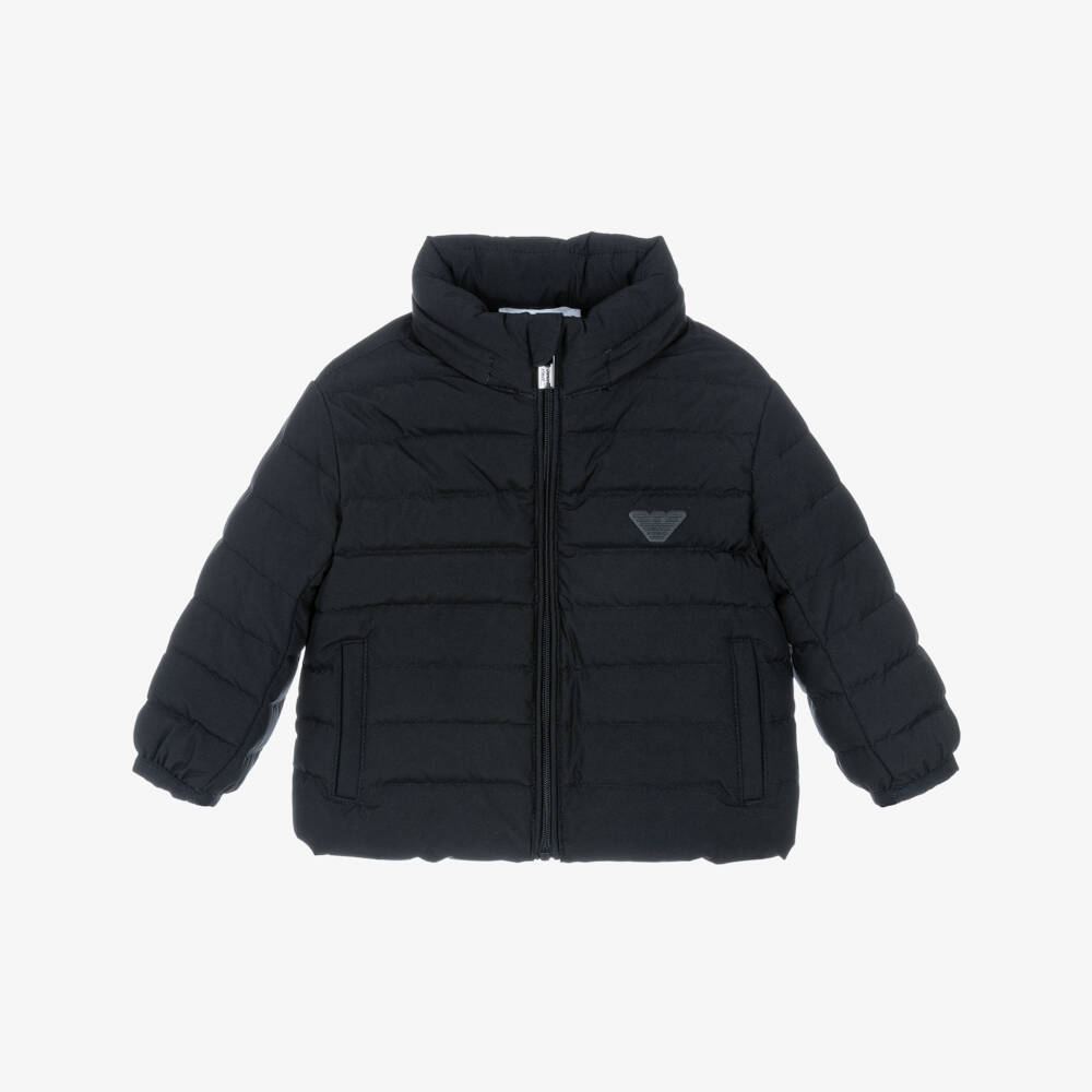 Emporio Armani-Boys Navy Blue Hooded Down Puffer Jacket with Eagle Logo | Childrensalon Outlet