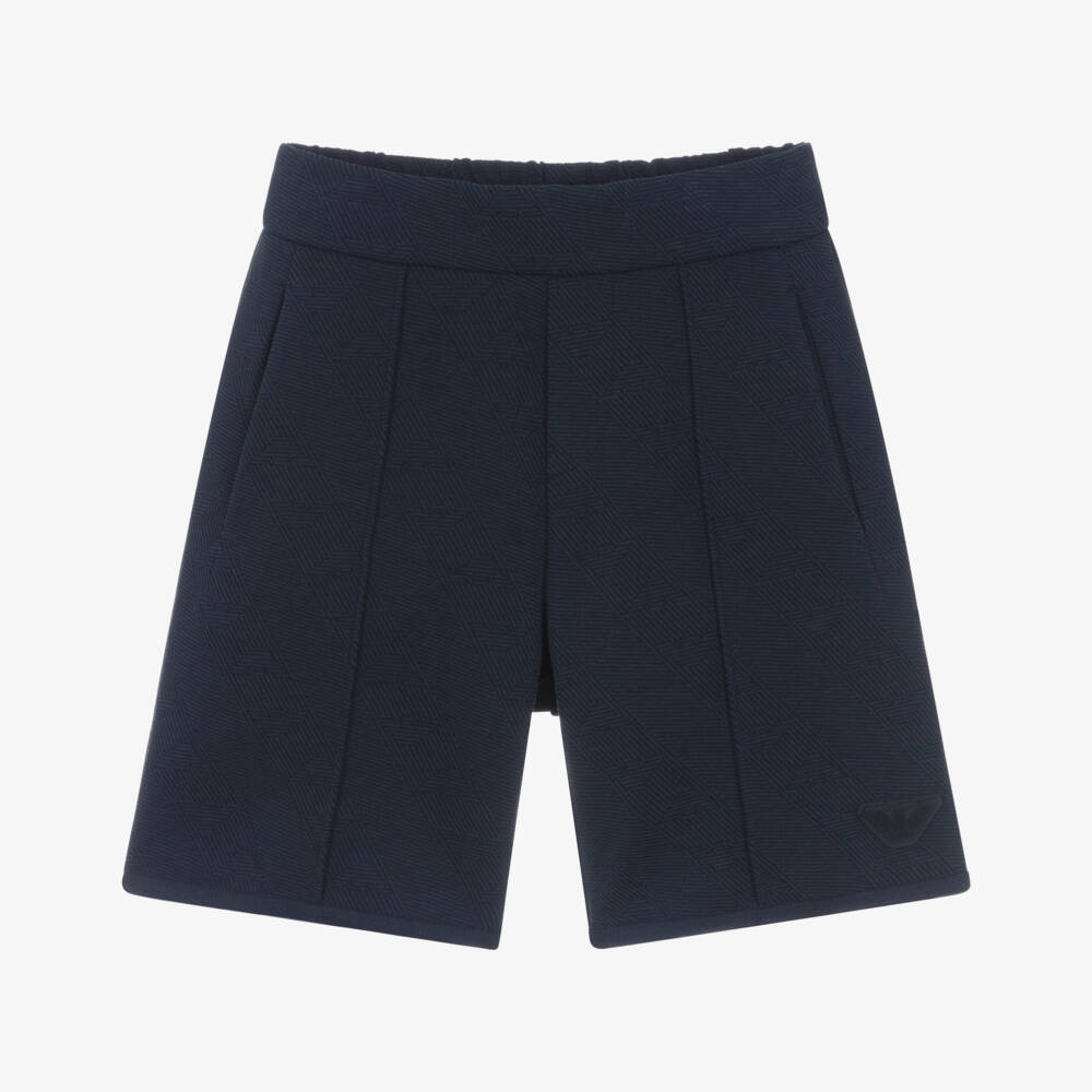 Emporio Armani-Boys Navy Blue Jacquard Jersey Shorts with Eagle Logo | Childrensalon Outlet