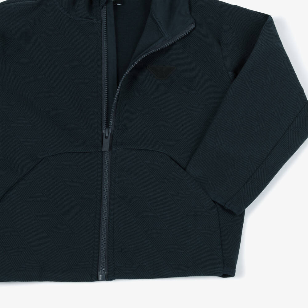 Emporio Armani-Boys Navy Blue Jacquard Logo Jersey Zip-Up Hoodie | Childrensalon Outlet