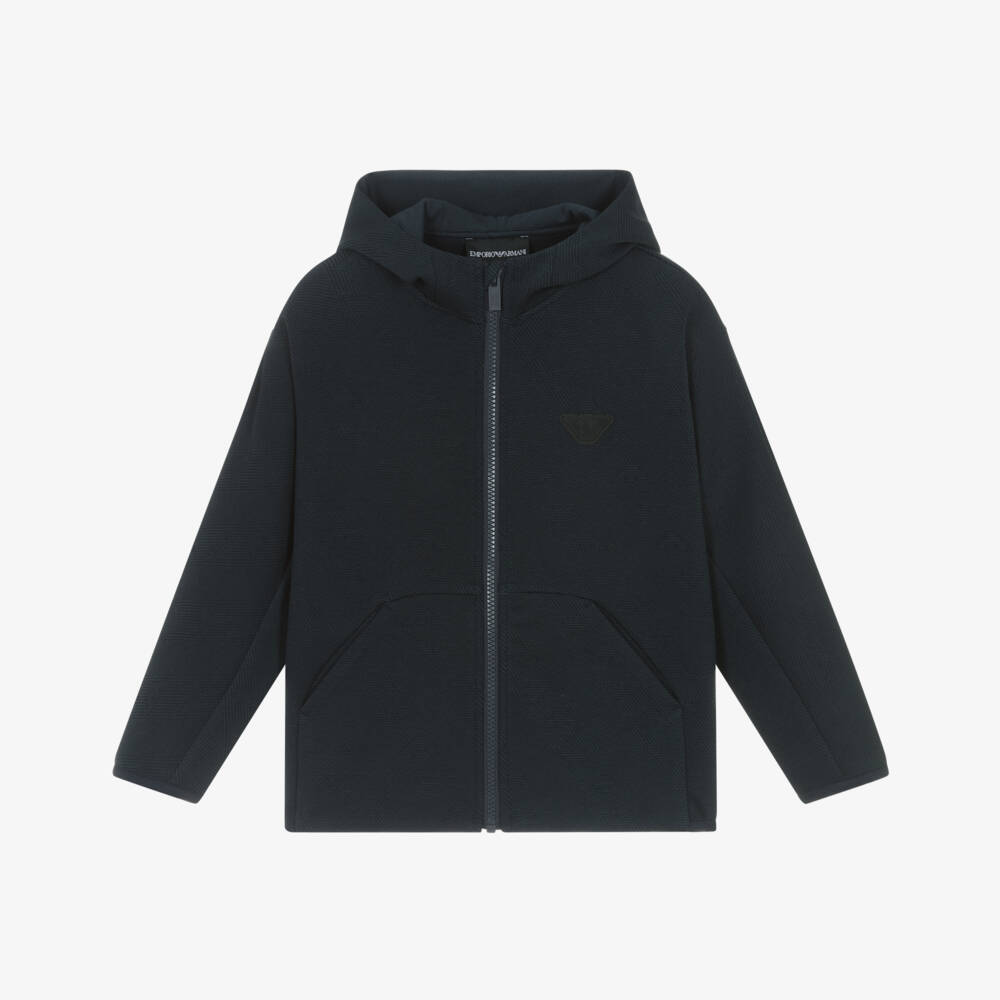 Emporio Armani-Boys Navy Blue Jacquard Logo Jersey Zip-Up Hoodie | Childrensalon Outlet