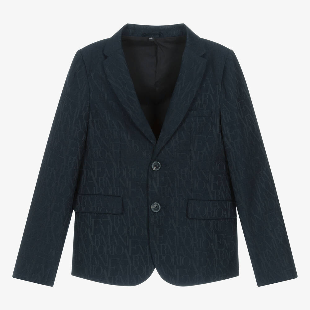 Emporio Armani-Boys Navy Blue Jacquard Monogram Blazer | Childrensalon Outlet