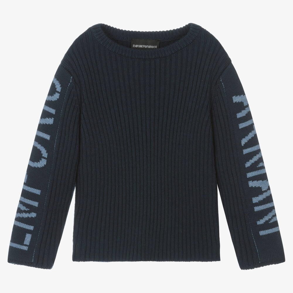 Emporio Armani - Boys Navy Blue Knitted Wool Sweater | Childrensalon