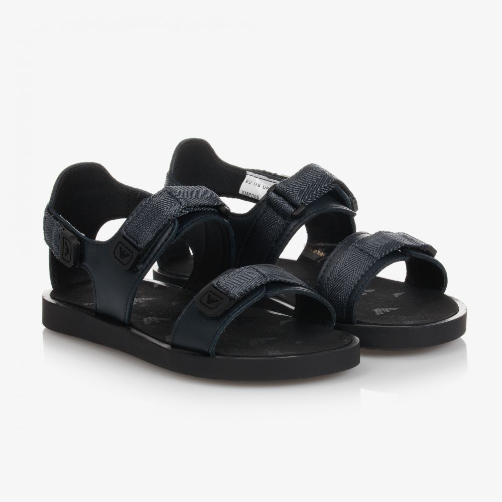 Emporio Armani - Boys Navy Blue Leather Sandals | Childrensalon