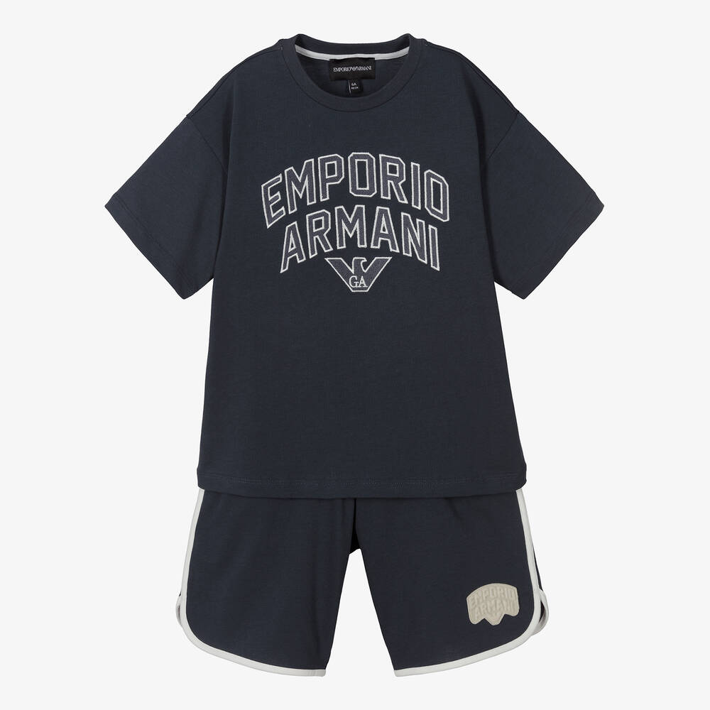 Emporio Armani - Boys Navy Blue Logo Cotton Shorts Set | Childrensalon