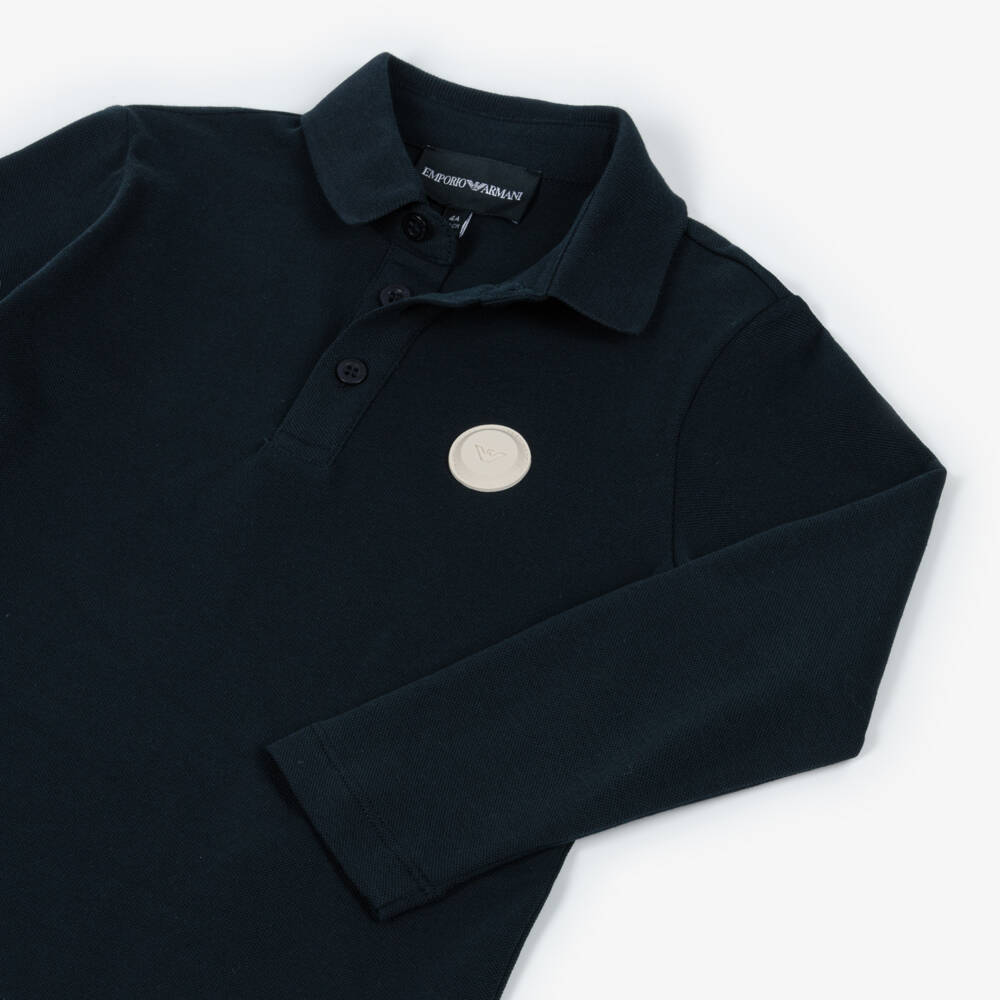 Emporio Armani-Boys Navy Blue Long-Sleeved Cotton Piqué Polo Shirt | Childrensalon Outlet